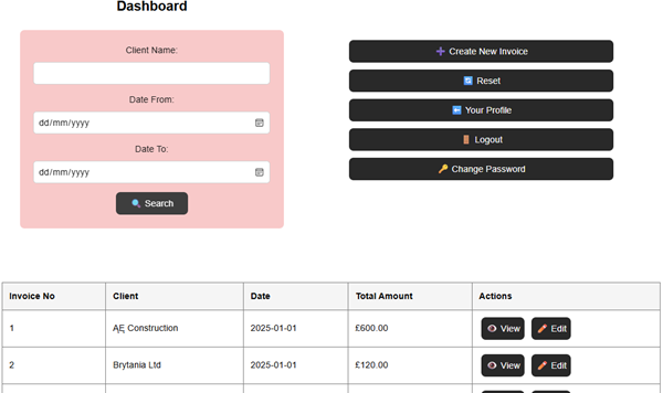 invoice app dashboard